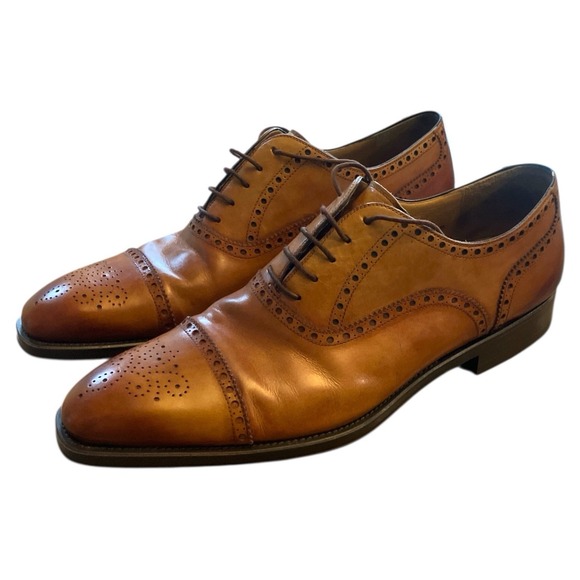 Magnanni Mens 13 Cognac Burnished Medallion Cap Toe Shoes Oxford Brown 13M